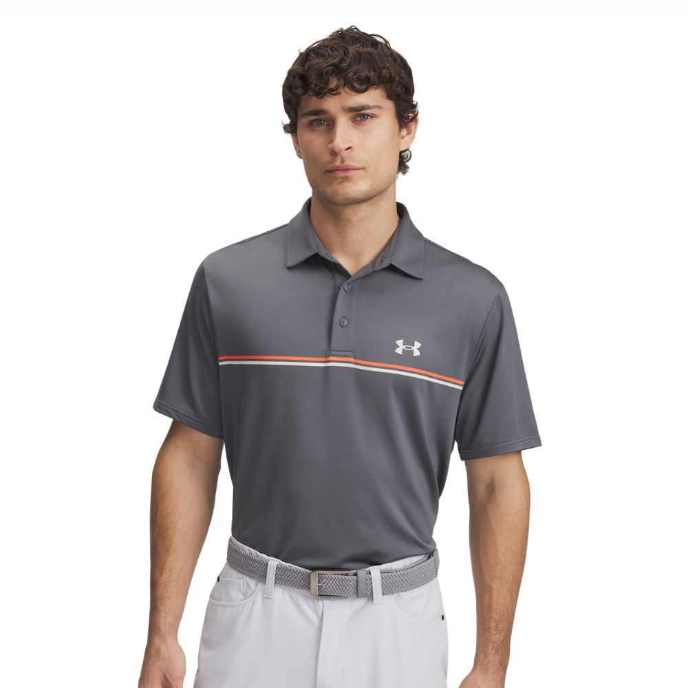 Under Armour Playoff 3.0 Stripe Golf Polo Shirt 2025 - 1378676-025 Castlerock / Fire / Summit White 025 M