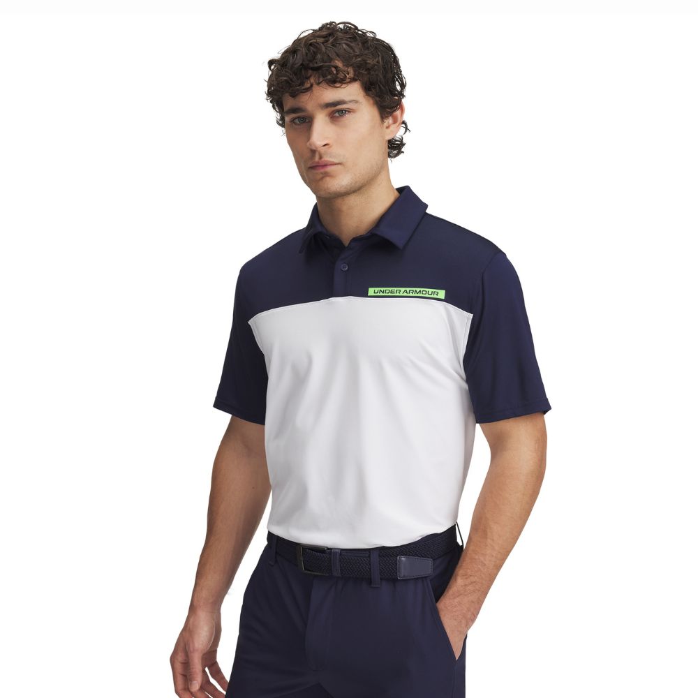 Under Armour Tee To Green Colour Block Mens Golf Polo Shirt 2025 - 1383139-411 Midnight Navy / White / Cyber Green 411 M