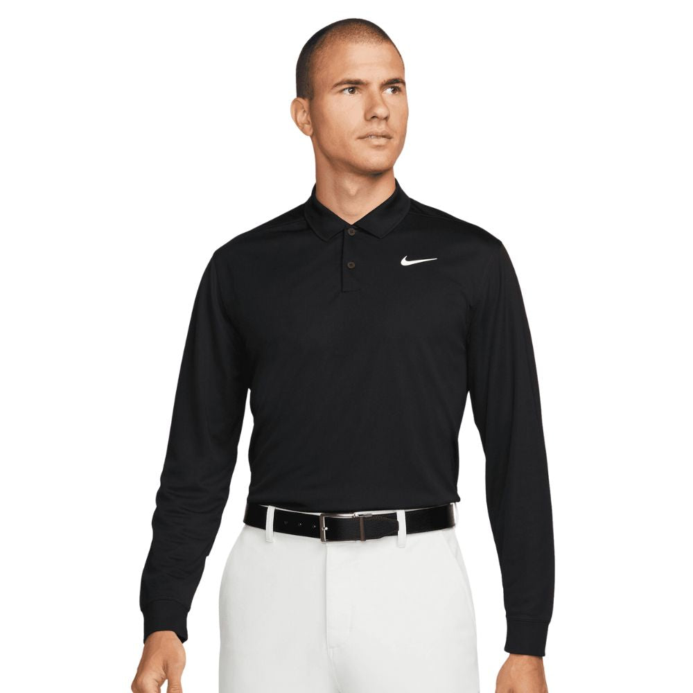 Nike Dri-Fit Victory Solid Long Sleeve Golf Polo Shirt 2025 - DN2344-010 Black / White 010 M